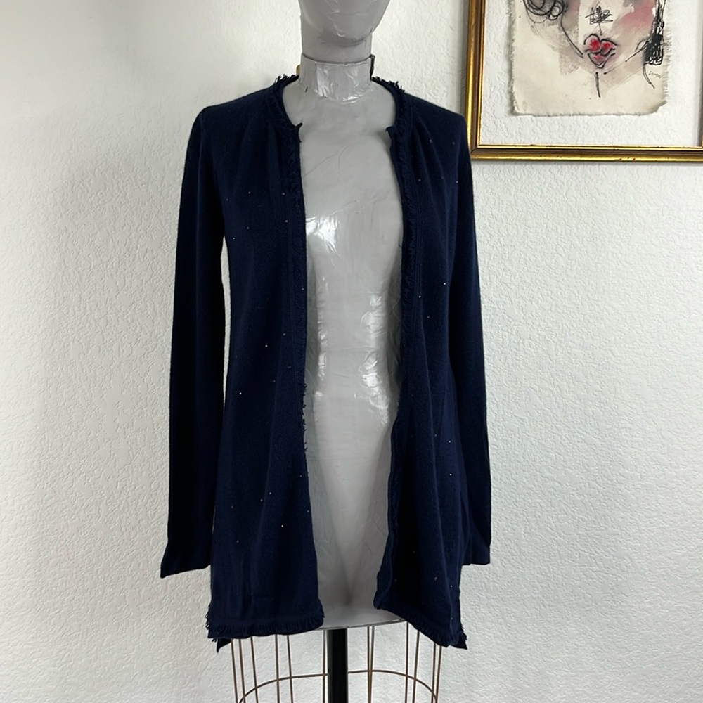 Rani Arabella Cashmere Fringe Open Front Swarovski Rhinestone Cardigan Loro Pian - Picture 3 of 10